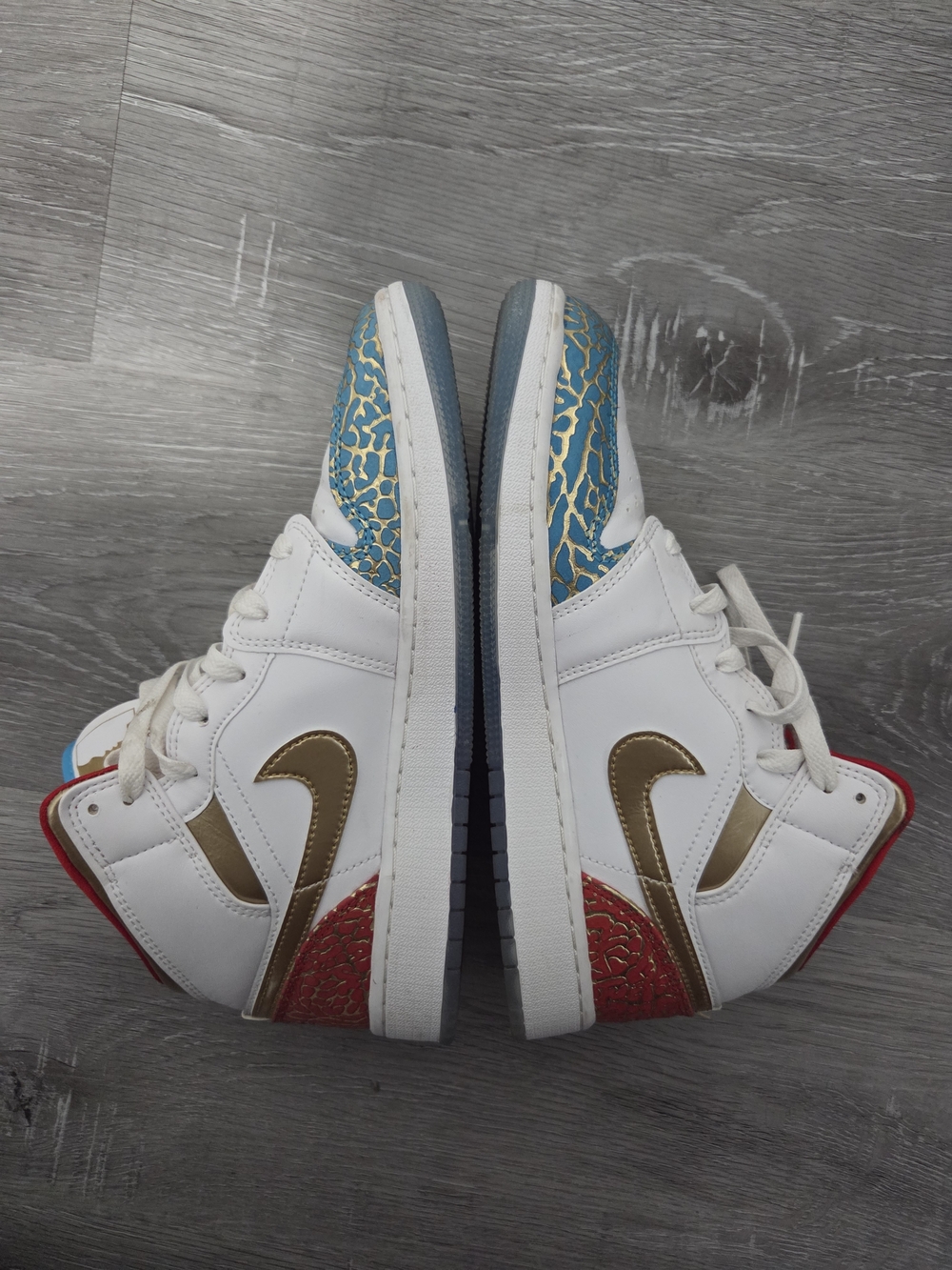 Jordan White/Gold/Blue/Red Leather High-Top Sneakers